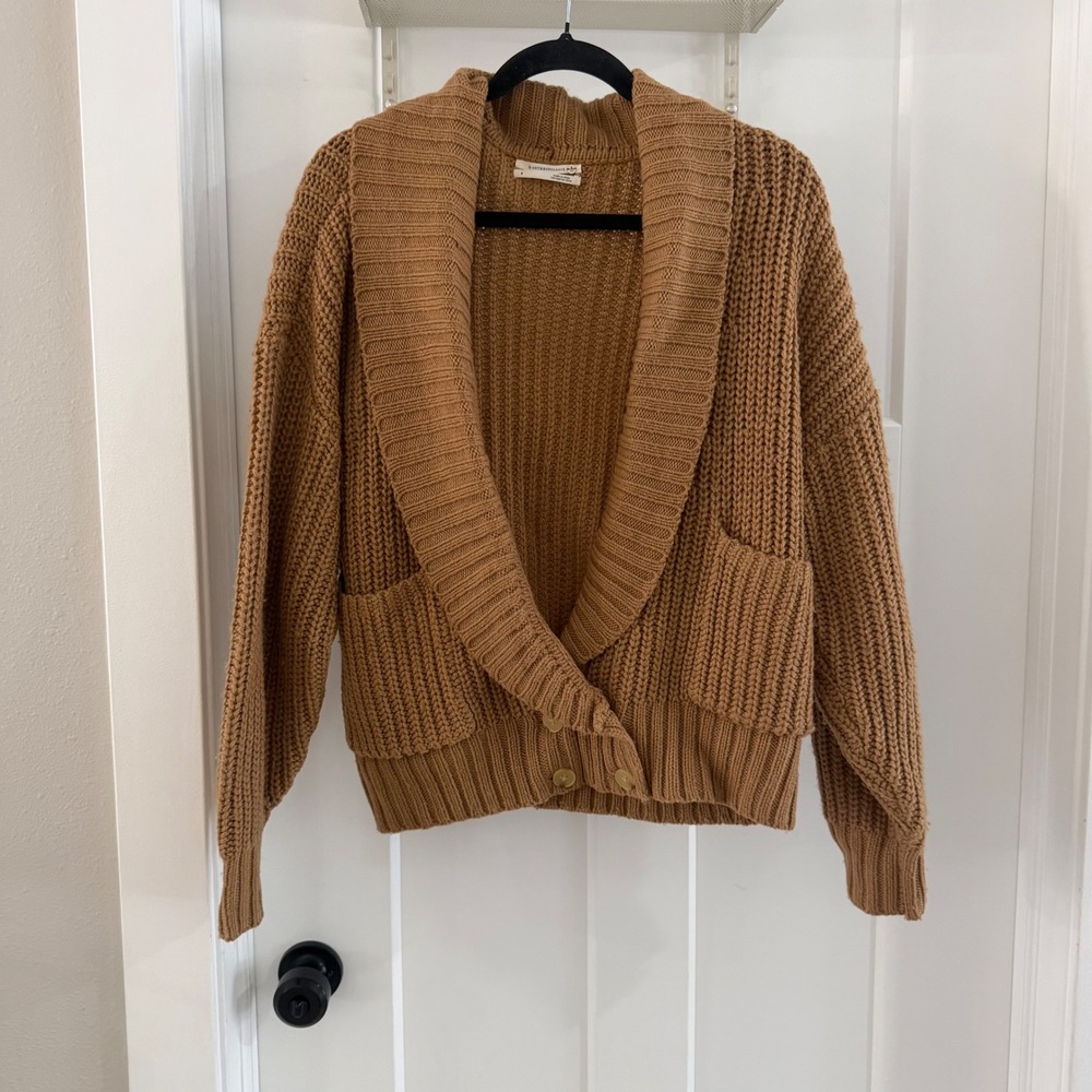 Anthropologie Shawl Collar Chunky Knit Cardigan Camel Brown Button Front Small